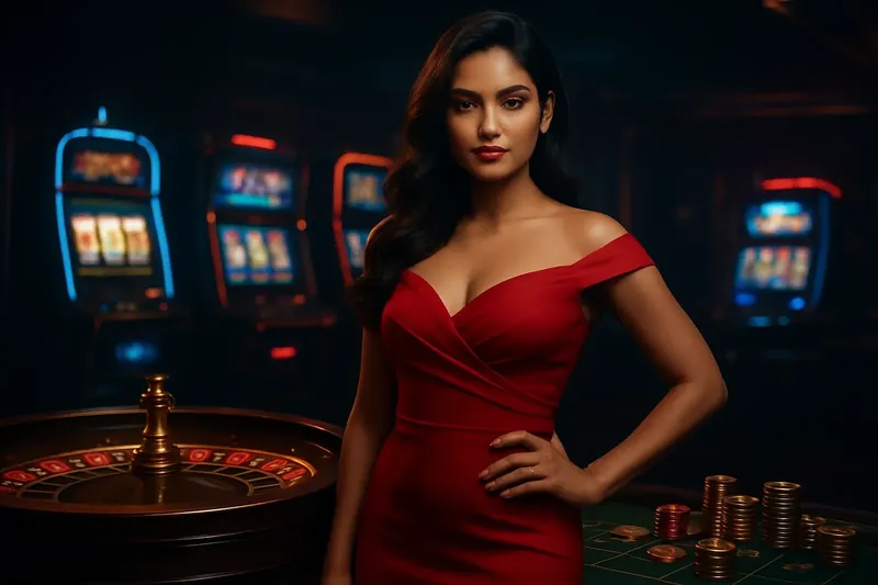 Elegant Casino Banner Beautiful woman in red dress standing near roulette and slot machines in luxury Bangladesh casino with neon lights and gold coins