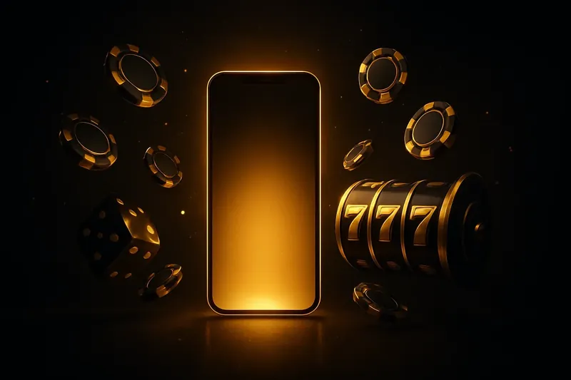 Luxury Casino Banner Glowing smartphone with casino chips, slot reels, and dice on dark gold background